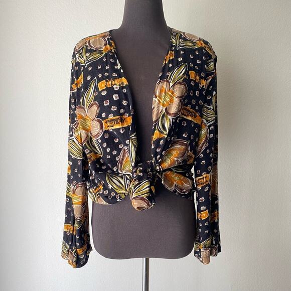 Gilani collection **Vintage** sz XL floral Boho orange navy print open blouse‎ - Picture 1 of 10